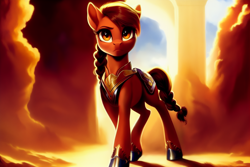 Size: 2304x1536 | Tagged: safe, generator:pony soup v2, imported from derpibooru, oc, oc only, oc:honour bound, earth pony, pony, fanfic:everyday life with guardsmares, ai assisted, ai content, armor, female, generator:stable diffusion, guardsmare, hoof shoes, mare, prompter:siber, royal guard, solo