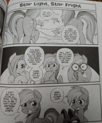 Size: 2018x2420 | Tagged: safe, imported from derpibooru, fluttershy, rainbow dash, bird, pegasus, pony, my little pony: the manga, spoiler:manga3, binoculars, butt, double rainbow, looking at each other, looking at someone, manga, my little pony: the manga volume 3, plot, rainbutt dash, speech bubble