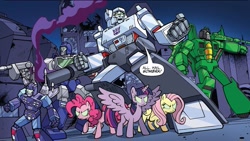 Size: 1017x575 | Tagged: safe, idw, imported from derpibooru, fluttershy, pinkie pie, twilight sparkle, alicorn, earth pony, pegasus, robot, acid storm, crossover, cybertron, cybertronian, decepticon, frenzy, friendship in disguise, glowing eyes, gun, implied king sombra, megatron, mind control, official comic, reflector, smoke, sombrafied, the magic of cybertron, transformers, twilight sparkle (alicorn), wat, weapon