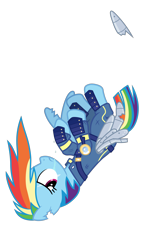 Size: 4167x7292 | Tagged: safe, alternate version, artist:gypsykumquat, imported from derpibooru, rainbow dash, pegasus, pony, the cutie re-mark, .svg available, absurd resolution, alternate timeline, amputee, apocalypse, apocalypse dash, artificial wings, augmented, crying, crystal war timeline, falling, female, looking back, mare, prosthetic limb, prosthetic wing, prosthetics, show accurate, show accurate clothing, simple background, solo, teary eyes, torn ear, transparent background, vector, wings