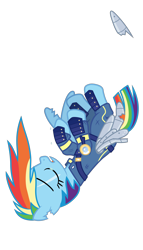 Size: 4167x7292 | Tagged: safe, alternate version, artist:gypsykumquat, imported from derpibooru, rainbow dash, pegasus, pony, the cutie re-mark, .svg available, absurd resolution, alternate timeline, amputee, apocalypse, apocalypse dash, artificial wings, augmented, crying, crystal war timeline, eyes closed, falling, female, mare, prosthetic limb, prosthetic wing, prosthetics, show accurate, show accurate clothing, simple background, solo, teary eyes, torn ear, transparent background, vector, wings