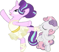 Size: 669x600 | Tagged: safe, edit, edited screencap, imported from derpibooru, screencap, starlight glimmer, sweetie belle, pony, unicorn, background removed, ballerina, ballet, ballet slippers, clothes, dancing, glimmerina, pirouette, spinning, tutu