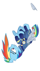 Size: 4167x7292 | Tagged: safe, alternate version, artist:gypsykumquat, imported from derpibooru, rainbow dash, pegasus, pony, the cutie re-mark, .svg available, absurd resolution, alternate timeline, amputee, apocalypse, apocalypse dash, artificial wings, augmented, crying, crystal war timeline, falling, female, mare, prosthetic limb, prosthetic wing, prosthetics, show accurate, show accurate clothing, simple background, solo, teary eyes, torn ear, transparent background, vector, wings