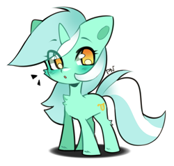 Size: 1443x1377 | Tagged: safe, artist:pledus, imported from derpibooru, lyra heartstrings, pony, unicorn, chest fluff, chibi, eye clipping through hair, eyebrows, eyebrows visible through hair, looking at you, open mouth, signature, simple background, solo, white background