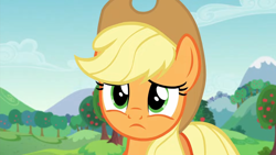Size: 1920x1080 | Tagged: safe, imported from derpibooru, screencap, applejack, earth pony, pony, season 5, the mane attraction, 1080p, applejack's hat, concerned, cowboy hat, cute, female, hat, jackabetes, mare, reaction image, solo