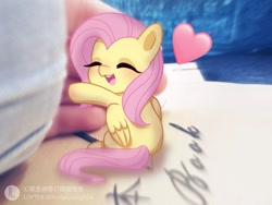 Size: 2048x1537 | Tagged: safe, artist:fantasysong, imported from derpibooru, fluttershy, pegasus, pony, blushing, cute, eyes closed, female, hand, heart, hug, irl, mare, open mouth, photo, ponies in real life, shyabetes, text, tiny, tiny ponies