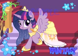 Size: 1512x1080 | Tagged: safe, artist:fantasysong, imported from derpibooru, twilight sparkle, alicorn, pony, blushing, clothes, dress, grin, looking at you, raised hoof, smiling, spread wings, twilight sparkle (alicorn), wings