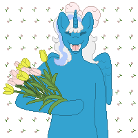 Size: 200x200 | Tagged: safe, artist:lonelybeetles, imported from derpibooru, oc, oc only, oc:fleurbelle, alicorn, pony, semi-anthro, alicorn oc, bow, female, flower, hair bow, happy, holding, horn, mare, simple background, solo, transparent background, wings