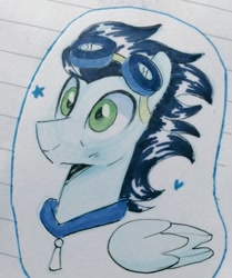 Size: 857x1024 | Tagged: safe, artist:darkynez, imported from derpibooru, soarin', pegasus, pony, blushing, goggles, heart, smiling, traditional art