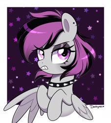 Size: 2000x2200 | Tagged: safe, artist:darkynez, imported from derpibooru, oc, oc only, pegasus, pony, angry, choker, ear piercing, earring, grimace, jewelry, looking at you, piercing, solo, spiked choker, spread wings, wings