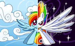 Size: 3840x2360 | Tagged: safe, artist:domesticmaid, imported from derpibooru, rainbow dash, pegasus, pony, commission, commissioner:lux-klonoa, element of loyalty, fanon, female, mare, solo, spread wings, super rainbow dash, two sides, wings