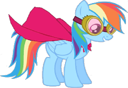 Size: 751x520 | Tagged: safe, artist:incredibubbleirishguy, editor:incredibubbleirishguy, imported from derpibooru, rainbow dash, my little pony: pony life, cape, clothes, danger dash, g4, g4.5, g4.5 to g4, generation leap, goggles, simple background, solo, superhero, superhero costume, transparent background