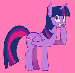 Size: 667x642 | Tagged: safe, artist:pekodayz, imported from derpibooru, twilight sparkle, alicorn, pony, frown, gritted teeth, hoof on chin, pink background, raised hoof, simple background, solo, standing, teeth, twilight sparkle (alicorn)
