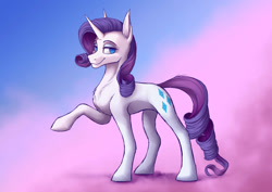 Size: 1063x752 | Tagged: safe, artist:klarapl, imported from derpibooru, rarity, pony, unicorn, female, lidded eyes, looking at you, mare, raised hoof, smiling, smiling at you, solo, standing