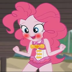 Size: 911x903 | Tagged: safe, edit, edited screencap, imported from derpibooru, screencap, pinkie pie, human, equestria girls, equestria girls series, x marks the spot, blushing, clothes, cropped, cute, excited, geode of sugar bombs, magical geodes, one-piece swimsuit, pinkie pie swimsuit, swimsuit
