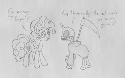 Size: 1600x1000 | Tagged: safe, artist:datspaniard, imported from derpibooru, pinkie pie, earth pony, pony, bone, female, grim reaper, i forgor, mare, monochrome, scythe, skeleton, skull, traditional art