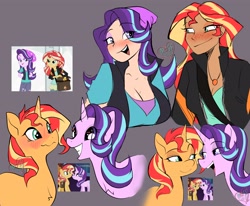 Size: 4096x3378 | Tagged: safe, artist:ecstasydemon, imported from derpibooru, starlight glimmer, sunset shimmer, human, pony, unicorn, equestria girls, bedroom eyes, blushing, breasts, cleavage, clothes, duo, female, freckles, heart, heart eyes, humanized, lesbian, lidded eyes, looking at each other, looking at someone, open mouth, peppered bacon, shimmerglimmer, shipping, smiling, smirk, tan skin, wingding eyes