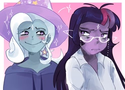 Size: 2048x1479 | Tagged: safe, artist:dmitrymemovznok, imported from derpibooru, trixie, twilight sparkle, human, equestria girls, blushing, clothes, duo, ear piercing, female, frown, glasses, hat, hoodie, lesbian, piercing, shipping, smiling, twixie