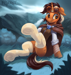 Size: 2562x2690 | Tagged: safe, artist:foxpit, imported from derpibooru, oc, oc only, oc:wrench ironbolt, pony, unicorn, clothes, crossdressing, floppy ears, goggles, goggles on head, male, raised leg, smiling, socks, solo, stockings, thigh highs, underhoof