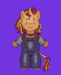 Size: 1651x2048 | Tagged: safe, artist:cardigansandcats, imported from derpibooru, sunset shimmer, pony, unicorn, :3, blue background, blushing, child's play, chucky, clothes, overalls, simple background, solo, standing