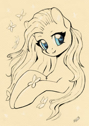 Size: 850x1200 | Tagged: safe, artist:maytee, imported from derpibooru, fluttershy, butterfly, pegasus, pony, aside glance, bust, cute, female, looking at you, mare, partial color, shyabetes, smiling, solo, three quarter view, traditional art