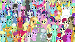 Size: 1000x563 | Tagged: safe, edit, edited screencap, editor:incredibubbleirishguy, imported from derpibooru, screencap, aloe, amethyst star, apple bloom, applejack, berry punch, berryshine, big macintosh, bon bon, bulk biceps, carrot cake, carrot top, cheerilee, cherry berry, cloudchaser, cup cake, daisy, derpy hooves, diamond tiara, dj pon-3, doctor whooves, flitter, flower wishes, fluttershy, golden harvest, granny smith, lemon hearts, lily, lily valley, linky, lotus blossom, lyra heartstrings, mayor mare, minuette, octavia melody, pinkie pie, pipsqueak, pokey pierce, pound cake, pumpkin cake, rainbow dash, rarity, roseluck, sassaflash, scootaloo, sea swirl, seafoam, shoeshine, silver spoon, snails, snips, sparkler, spike, spring melody, sprinkle medley, starlight glimmer, sunshower raindrops, sweetie belle, sweetie drops, thunderlane, time turner, twilight sparkle, twinkleshine, twist, vinyl scratch, alicorn, dragon, earth pony, pegasus, pony, unicorn, she's all yak, the cutie re-mark, background pony, crowd, cutie mark crusaders, everypony, female, filly, foal, group photo, group picture, group shot, male, mane seven, mane six, new hairstyle, twilight sparkle (alicorn)