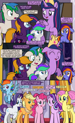 Size: 1920x3168 | Tagged: safe, artist:alexdti, imported from derpibooru, applejack, fluttershy, pinkie pie, rainbow dash, rarity, starlight glimmer, twilight sparkle, oc, oc:bright comet, oc:purple creativity, oc:star logic, oc:violet moonlight, alicorn, earth pony, pegasus, pony, unicorn, comic:quest for friendship, the last problem, ^^, applejack's hat, bracelet, brother and sister, colt, comic, cowboy hat, crown, dialogue, ears back, eyes closed, father and child, father and daughter, father and son, female, filly, flying, foal, folded wings, glasses, hat, high res, hooves, horn, husband and wife, jewelry, looking at each other, looking at someone, male, mane six, mare, mother and child, mother and daughter, mother and son, older, older applejack, older fluttershy, older mane six, older pinkie pie, older rainbow dash, older rarity, older twilight, open mouth, open smile, pegasus oc, ponytail, princess twilight 2.0, raised hoof, regalia, siblings, smiling, speech bubble, spread wings, stallion, standing, starry eyes, twilight sparkle (alicorn), twins, two toned mane, unicorn oc, wall of tags, wingding eyes, wings