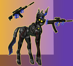 Size: 3665x3304 | Tagged: safe, imported from derpibooru, oc, oc only, oc:emmily, kirin, armor, gradient background, gun, handgun, simple background, solo, weapon