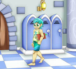 Size: 5000x4500 | Tagged: safe, artist:pvryohei, imported from derpibooru, sandbar, human, anklet, barefoot, barefooting, book, clothes, commission, door, feet, hallway, humanized, jewelry, lockers, male, school, school of friendship, shorts, solo, tanktop