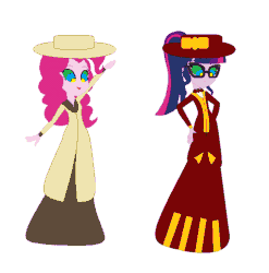 Size: 742x751 | Tagged: safe, artist:brightstar40k, artist:selenaede, imported from derpibooru, pinkie pie, sci-twi, twilight sparkle, human, equestria girls, animated, base used, clothes, dress, duo, edwardian, humanized, hypno eyes, hypnosis, hypnotized, long dress, long skirt, simple background, skirt, white background