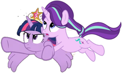 Size: 686x414 | Tagged: safe, edit, editor:incredibubbleirishguy, imported from derpibooru, vector edit, starlight glimmer, twilight sparkle, alicorn, unicorn, carrying, crown, element of magic, female, flying, holding on, jewelry, regalia, vector