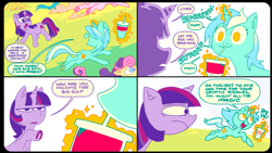 Size: 1193x675 | Tagged: safe, artist:batshaped, imported from derpibooru, bon bon, lyra heartstrings, sweetie drops, twilight sparkle, boast busters, comic, drink, l.u.l.s., magic, telekinesis