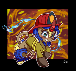 Size: 2060x1916 | Tagged: safe, artist:lou, imported from derpibooru, oc, oc only, oc:cobalt flame, kirin, clothes, costume, firefighter, gloves, halloween, halloween costume, kirin oc