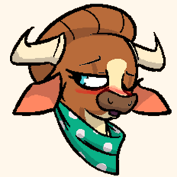 Size: 464x464 | Tagged: safe, imported from derpibooru, cow, them's fightin' herds, bandana, banned from foenum, community related, female, lidded eyes, madison (tfh), one eye closed, open mouth