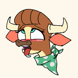 Size: 600x600 | Tagged: safe, imported from derpibooru, cow, them's fightin' herds, ahegao, bandana, banned from foenum, community related, drool, eyes rolling back, female, madison (tfh), one eye closed, open mouth, tongue out