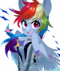 Size: 2894x3432 | Tagged: safe, artist:potetecyu_to, imported from derpibooru, rainbow dash, pegasus, pony, chest fluff, clothes, female, high res, jacket, looking at you, mare, simple background, smiling, smiling at you, solo, white background