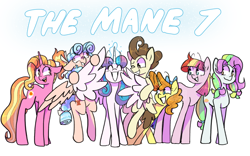 Size: 1280x800 | Tagged: safe, artist:chunchalunch, imported from derpibooru, coconut cream, cozy glow, luster dawn, pound cake, princess flurry heart, pumpkin cake, toola roola, alicorn, earth pony, pegasus, pony, unicorn, alternate mane six, alternate universe, bow, eyes closed, female, freckles, hair bow, hug, magic, magic aura, male, mare, no pupils, older, older coconut cream, older cozy glow, older flurry heart, older pound cake, older pumpkin cake, older toola roola, ponytail, shiny mane, simple background, stallion, watermark, white background, winghug, wings