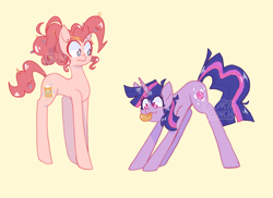 Size: 1280x934 | Tagged: safe, artist:chunchalunch, imported from derpibooru, pinkie pie, twilight sparkle, earth pony, pony, unicorn, :p, alternate cutie mark, alternate hairstyle, alternate name, alternate universe, concave belly, cream background, duo, duo female, female, long legs, mare, messy mane, no pupils, paper clip, pencil, role reversal, shiny mane, silly, silly pony, simple background, tongue out, unicorn twilight, yellow background