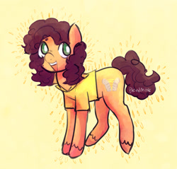 Size: 1280x1225 | Tagged: safe, artist:bleed-more, imported from derpibooru, cheese sandwich, earth pony, eye clipping through hair, male, no pupils, signature, simple background, solo, stallion, unshorn fetlocks, yellow background