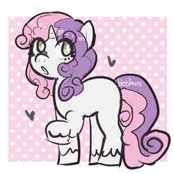 Size: 1280x1280 | Tagged: safe, artist:bleed-more, imported from derpibooru, sweetie belle, unicorn, :o, abstract background, blank flank, female, filly, foal, frame, heart, no pupils, open mouth, polka dots, shiny mane, signature, solo, unshorn fetlocks