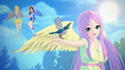 Size: 1920x1080 | Tagged: safe, artist:mtakara, imported from derpibooru, derpy hooves, fluttershy, rainbow dash, bird, human, 3d, converse, flying, humanized, koikatsu, shoes, winged humanization, wings