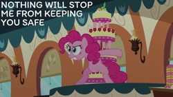 Size: 1920x1080 | Tagged: safe, edit, edited screencap, editor:quoterific, imported from derpibooru, screencap, pinkie pie, earth pony, pony, mmmystery on the friendship express, bipedal, cake, donutopia, female, food, friendship express, gritted teeth, locomotive, mare, marzipan mascarpone meringue madness, protecting, solo, stance, standing, steam locomotive, teeth, train