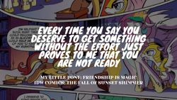 Size: 1920x1080 | Tagged: safe, editor:quoterific, idw, imported from derpibooru, princess celestia, sunset shimmer, alicorn, pegasus, pony, unicorn, comic, crown, dialogue, glowing, glowing horn, horn, jewelry, regalia, royal guard, speech bubble