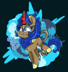 Size: 1576x1668 | Tagged: safe, artist:lou, imported from derpibooru, oc, oc only, oc:cobalt flame, kirin, blue background, kirin oc, lip bite, nervous, scared, simple background, solo, sweat, text, vulgar