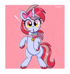 Size: 3100x3300 | Tagged: safe, artist:darkynez, imported from derpibooru, oc, oc only, oc:cinnamon lightning, pony, unicorn, bell, bell collar, belly, bipedal, blushing, bow, collar, drink, drinking straw, exclamation point, hair bow, heart, looking at you, solo, surprised, unshorn fetlocks, wide eyes