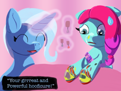 Size: 2048x1536 | Tagged: safe, artist:the crystal artist, derpibooru exclusive, imported from derpibooru, trixie, earth pony, pony, unicorn, colored hooves, cute, dialogue, diatrixes, duo, duo female, ears back, eyes closed, female, floppy ears, g5, generation leap, glowing, glowing horn, gradient background, happy, hoof polish, horn, jazz hooves, jazz hooves has ears!, levitation, lineless, looking at someone, magic, magic aura, messy, open mouth, proud, raised hoof, shading, shocked, sitting, smiling, sweat, sweatdrop, table, telekinesis, text, there was an attempt, unshorn fetlocks