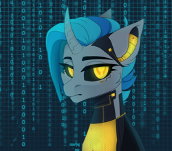 Size: 4000x3508 | Tagged: safe, artist:sinner_png, imported from derpibooru, oc, oc:dj pr3z, anthro, cyborg, unicorn, armored pony, blue mane, cybernetic eyes, cybernetic legs, cybernetic pony, cyberpunk, dangerhorse in your software, detailed background, female, glowing, glowing eyes, hacker, neon, numbers, prosthetic horn, prosthetics, solo, sunjackers, the matrix