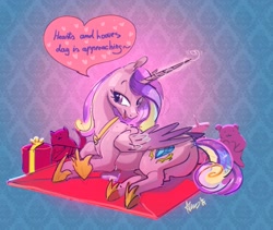 Size: 4096x3449 | Tagged: safe, artist:alumx, imported from derpibooru, princess cadance, alicorn, earth pony, pony, butt, dialogue, envelope, female, glowing, glowing horn, hearts and hooves day, high res, holiday, hoof shoes, horn, long horn, lovebutt, lying down, magic, magic aura, mare, peytral, plot, plushie, present, princess of love, princess shoes, prone, signature, solo, speech bubble, talking to viewer, valentine, valentine's day