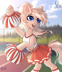 Size: 2600x3022 | Tagged: safe, artist:hakaina, imported from derpibooru, oc, oc only, unnamed oc, earth pony, pony, bipedal, blue eyes, blurry background, cheerleader, cheerleader outfit, clothes, cloud, colored, commission, cute, ear fluff, eyelashes, female, fence, forest background, high res, hoof fluff, leg fluff, mare, ocbetes, open mouth, open smile, pom pom, rearing, running track, shading, shiny eyes, signature, skirt, sky, slim, smiling, socks, solo, tanktop, teeth, thin, turned head, unshorn fetlocks, windswept mane, ych sketch, your character here