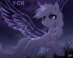 Size: 2500x2000 | Tagged: safe, artist:hakaina, imported from derpibooru, oc, oc only, unnamed oc, alicorn, earth pony, pony, beautiful, chest fluff, colored, commission, concave belly, ear fluff, ethereal horn, ethereal wings, female, female symbol, frown, grass, high res, hoof fluff, leg fluff, lighting, male symbol, mare, night, night sky, outdoors, raised hoof, shading, shiny eyes, signature, sketch, sky, slim, solo, standing, tail, thin, turned head, unshorn fetlocks, windswept mane, windswept tail, wings, ych sketch, your character here